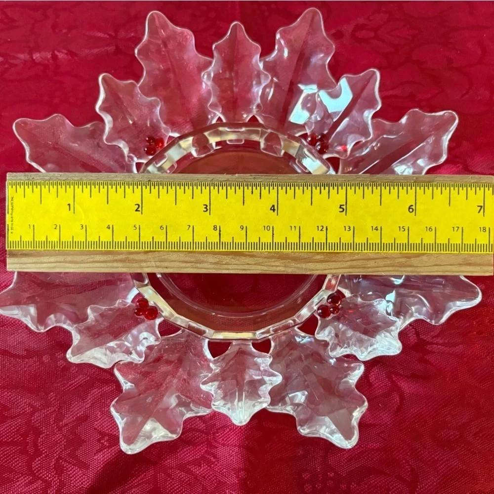 Vintage Crystal Partylite Candle Holder-Clear Poinsettia Leaves with Red Berries - Picture 6 of 6